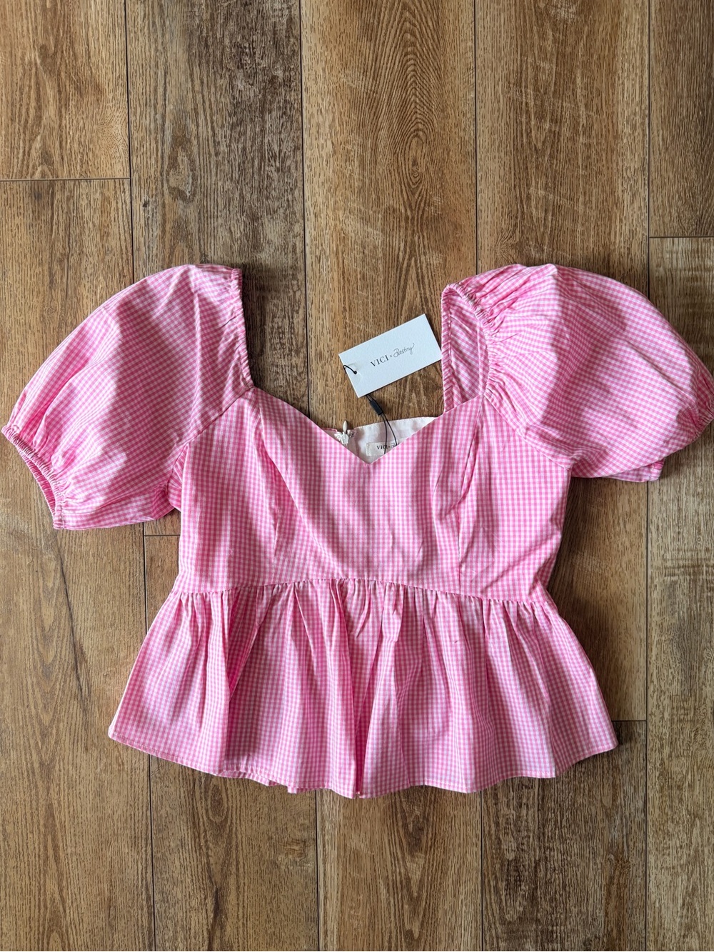 VICI Pink Gingham Puff Sleeve Peplum Top
